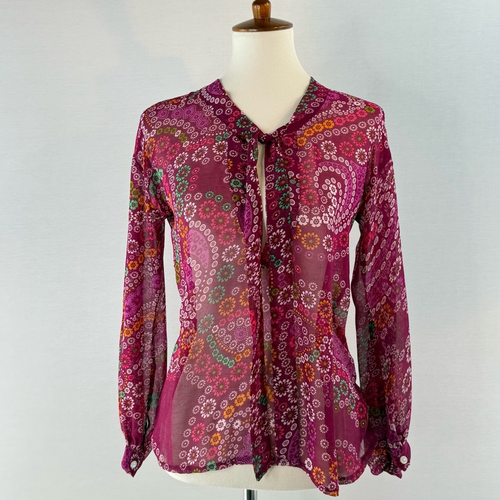 MAJE Merlot Paisley Floral Print 100% Silk Tie Neck Sheer Blouse